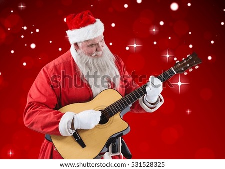 Santa claus playing guitar against digitally generated christmas background