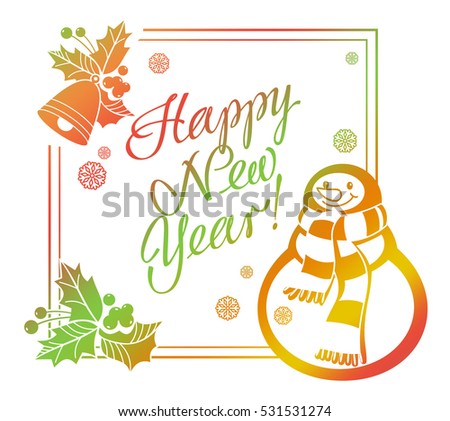 Holiday label with funny snowman and written greeting "Happy New Year!". Raster clip art.
