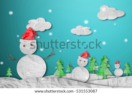 Snowman wearing red Santa hat in winter with snow, paper cut made of crumpled paper, Christmas Background