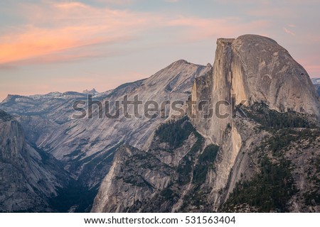 Sunset over the Half Dome, taken from Glacier Point, Yosemite National Park, California, USA Royalty-Free Stock Photo #531563404