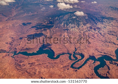Aerial view from airplane to Colorado River in Arizona, Nevada, USA Royalty-Free Stock Photo #531563770