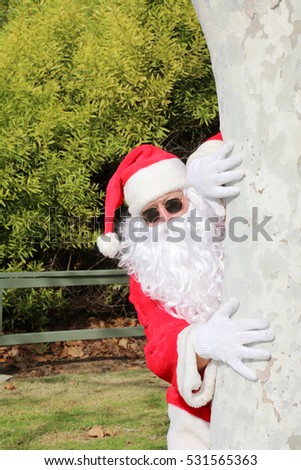 Santa Claus looks around and climbs on and in a tree in a park