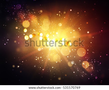 Gold Festive Christmas background. Golden Abstract Backdrop with Lights and Stars. Xmas Holiday Bokeh.