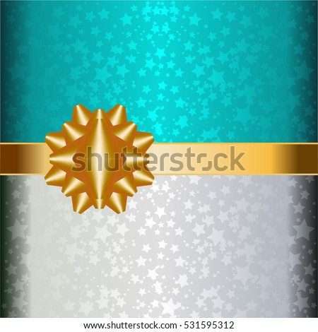Stars and gold ribbon an a silver and turquoise background.