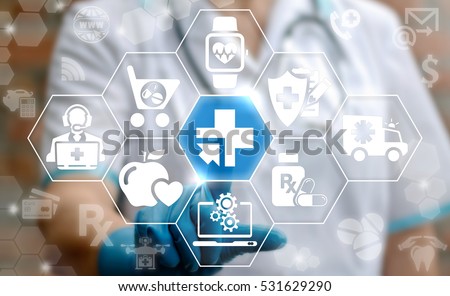 Medicine health care digital integration computing modernization web concept. Doctor presses plus arrow button on virtual screen on background of cloud medical healthcare insurance medical icon