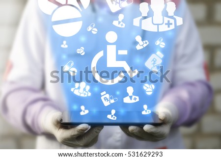 Medicine wheelchair invalid treatment rehabilitation concept. Doctor offers tablet computer with cloud disability medical health care support icon. Insurance invalid finance healthy lifestyle wellness