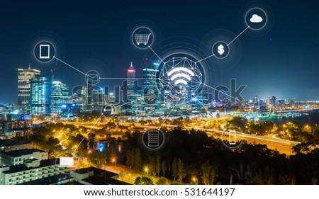 Cityscape and network mobile payments, online shopping ,icon customer network connection concept.