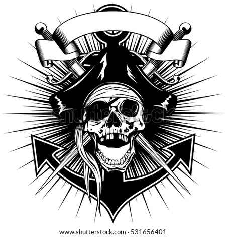 Vector illustration pirate sign skull in cocked hat with crossed daggers and anchor