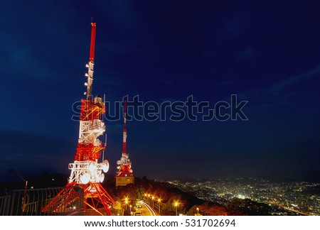 Communication towers on mount Inasa,Night view city of Nagasaki from Mt. Inasa,JAPAN
