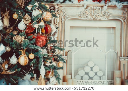 Beautiful Christmas living room with decorated Christmas tree.