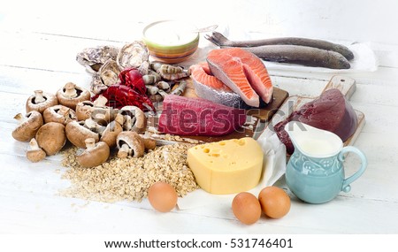 Foods of Vitamin B12 (Cobalamin). Healthy eating. View from above Royalty-Free Stock Photo #531746401