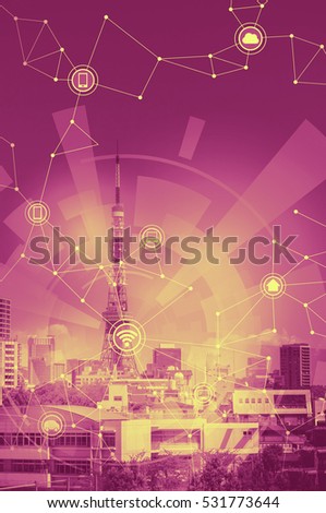 duo tone graphic of smart city and wireless communication network, Internet of Things, abstract image visual