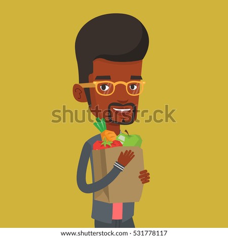 An african-american man carrying grocery shopping bag with vegetables. Man holding grocery shopping bag with healthy food. Man with grocery shopping bag. Vector flat design illustration. Square layout