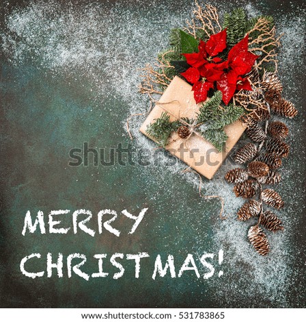 Pine branches with red flowers poinsettia and snow decoration. Christmas background. Vintage toned picture