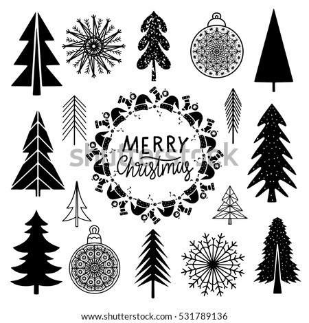 Christmas set. Trees, snowflakes, ball, frame hand drawn isolated on white background. Handwritten font. Vector design