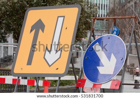 Road traffic signs at construction works