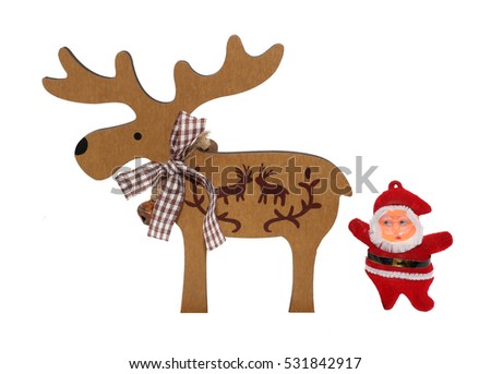 Christmas reindeer made of paper with cartoon santa claus silhouette on white background