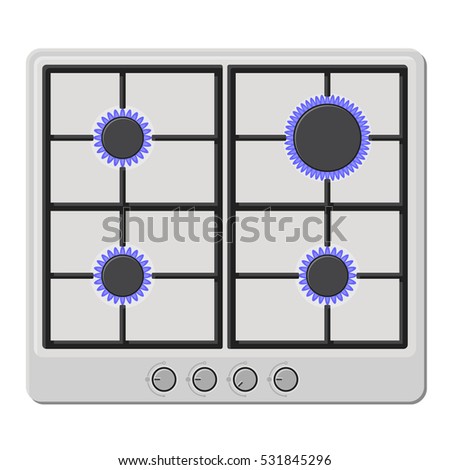 Surface of White Gas Hob Stove with Fire On. Vector