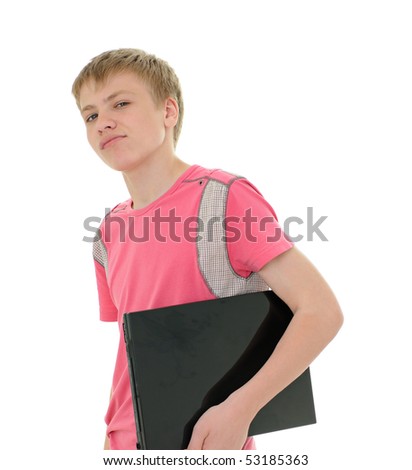 The teenager with laptop isolated on white background