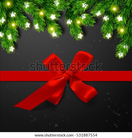 Christmas border Card design. Happy new year xmas with red bows and ribbon and Glowing Lights  