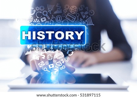 Woman is using tablet pc, pressing on virtual screen and selecting history.