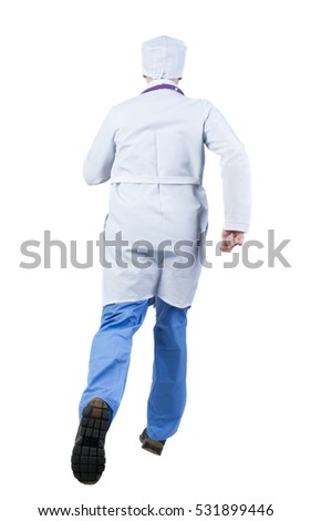 Back view of running doctor in a robe hurrying to help the patient. Walking guy in motion. Rear view people collection. Backside view of person. Isolated over white background.