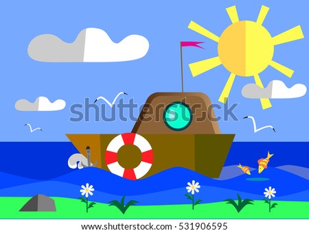 Summer landscape with a ship drawing