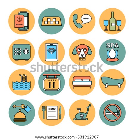 set of color flat vector contour icons for hotel service