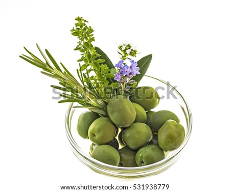 Cup with olive, rosemary, thyme, 
Lavender, bouquett