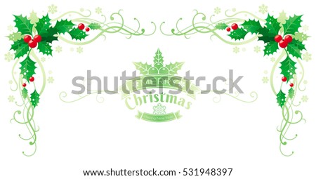 Merry Christmas Happy new Year holly horizontal corner border banner, holly berry. Text lettering logo. Isolated, white background. Abstract xmas poster, greeting card design. Vector illustration eps