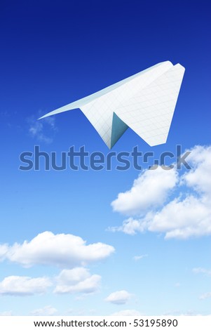 Paper plane taking off. Sky and clouds in the background