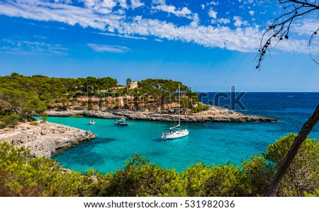 Boats in a beautiful bay, Majorca Island, Spain. Royalty-Free Stock Photo #531982036