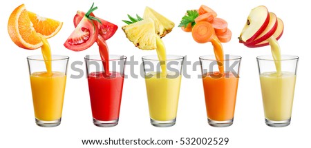 Fresh juice pours from fruit and vegetables into the glass isolated on white background. Full resolution images # 531111286, 531111502, 531111292, 531111310, 531111295 Royalty-Free Stock Photo #532002529