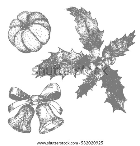 Set of Christmas and New Year decoration with bell, holly and mandarin orange. Holiday hand drawn elements collection
