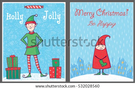 Vector set of creative greeting cards.Xmas elves illustration.Cute Christmas clip art.