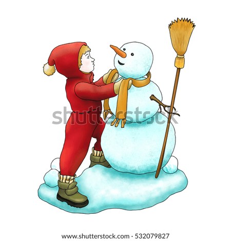 Color illustraition of a boy playing with a snowman
