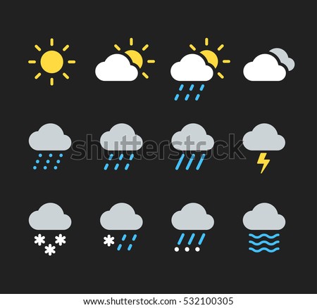 Modern weather icons set. Flat vector symbols on dark background. Royalty-Free Stock Photo #532100305