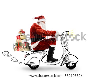 Santa Claus driving scooter to deliver Christmas or New Year gifts, isolated on white background