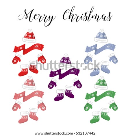 Christmas card with Christmas decorations. Hats, mittens, socks and a scarf.
