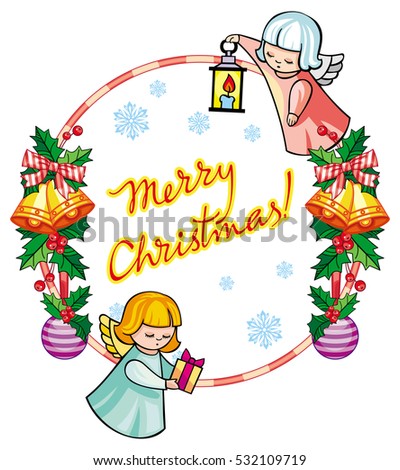 Christmas label with angels and artistic written text: "Merry Christmas!". Christmas holiday background. Vector clip art.