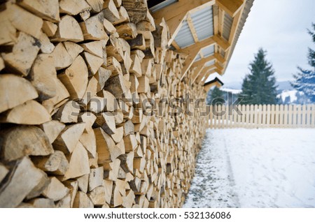 The wall of neatly stacked wood, harvested in winter.