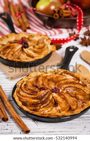 Skillet Apple Pie with Cinnamon. Selective focus.