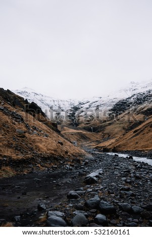 Breathtaking view on Eyjafjallajokull volcano among other mountains, wild rivers and small waterfalls in the valley