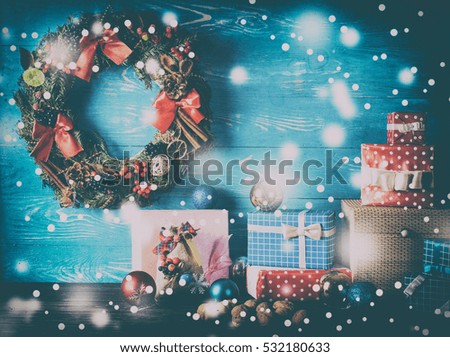 Christmas decoration on wood board. Preparation for the holiday.