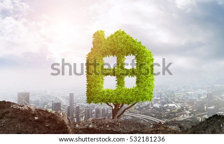 House shaped green tree as real estate concept Royalty-Free Stock Photo #532181236