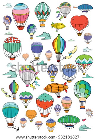 Hot Air Balloons in the sky. Coloring page in retro style.