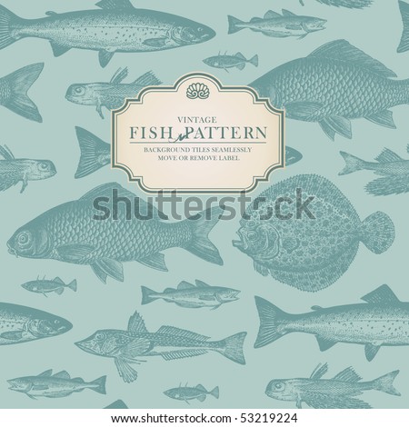 seamlessly tiling retro fish pattern (plus label for usage as card or cover)