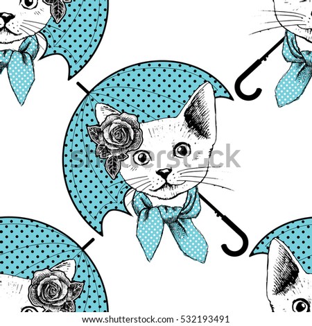 Vector seamless pattern with cats and umbrella. White and blue. 
