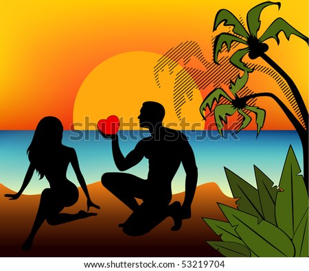 black silhouette of girl and man on a background sunset on a summer beach