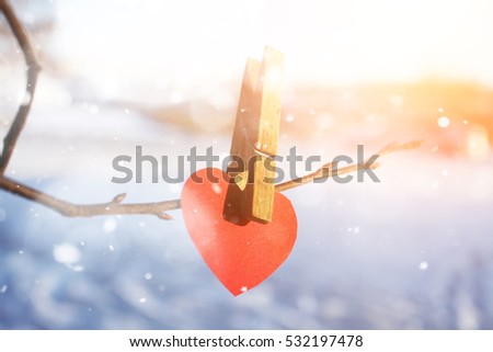 Red heart on a branch with a clothespin., Valentine day concept.